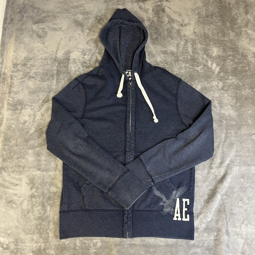 American Eagle Hoodie Mens Large Navy Blue Vintage Fit Full Zip Graphic Eagle AE
